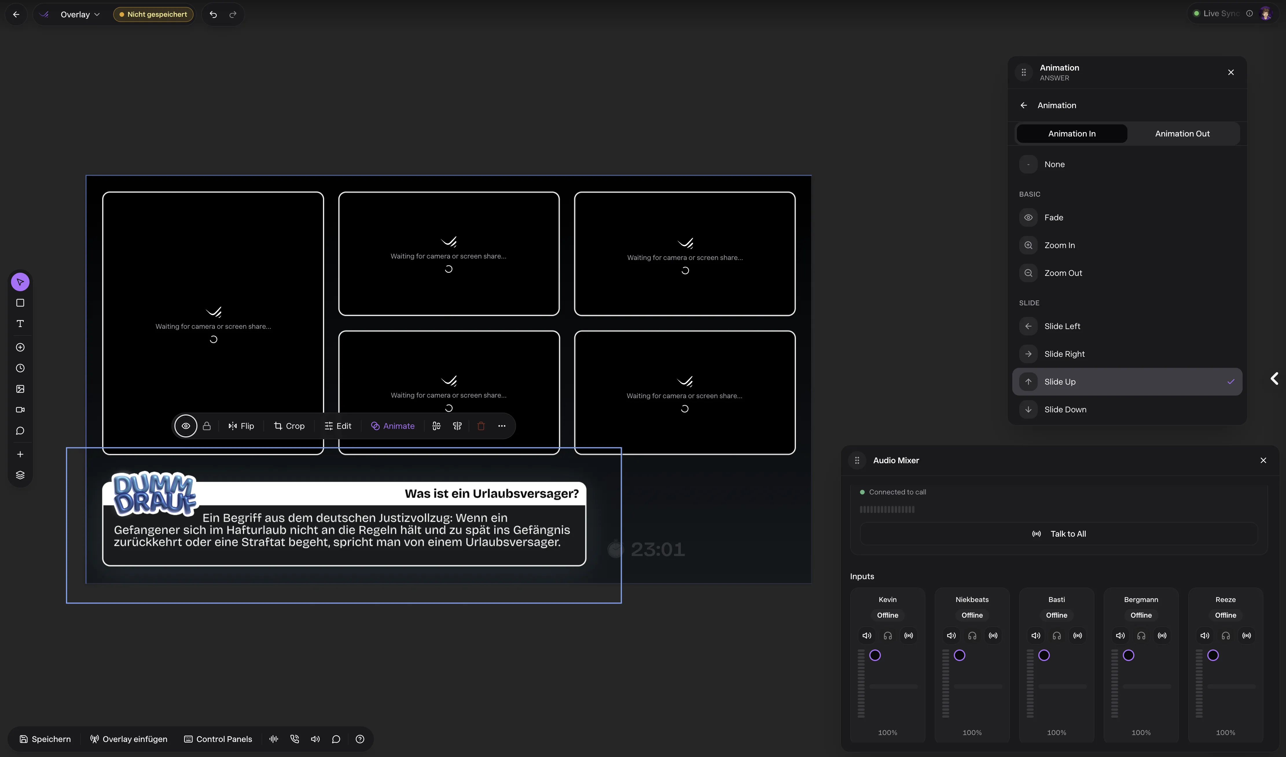 Vision overlay editor with a show layout, animation controls, and audio mixer.
